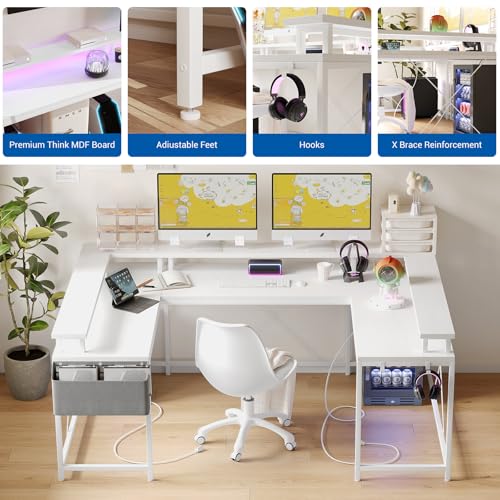 U Shaped Computer Gaming Desk, 79’’ Reversible l Shaped Computer Desk with Power Outlet & LED Strip, Office Desk with Monitor Stand, Large Corner Desk with Storage Bag for Bedroom, Office, White TrailBlaze