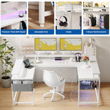 U Shaped Computer Gaming Desk, 79’’ Reversible l Shaped Computer Desk with Power Outlet & LED Strip, Office Desk with Monitor Stand, Large Corner Desk with Storage Bag for Bedroom, Office, White TrailBlaze