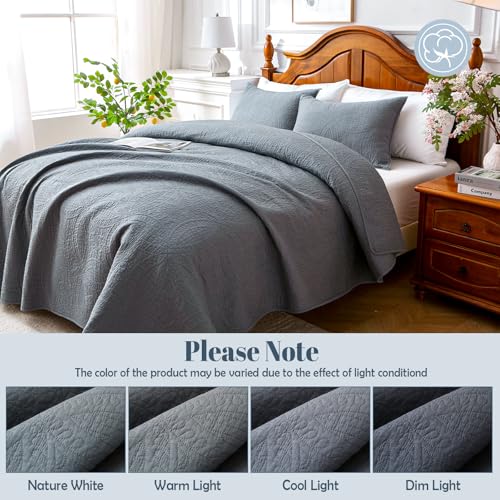 Aqzuxira Gray 100% Cotton Quilt Set Queen Size, 3 Piece Modern Textured Bedspread with Coin Pattern, Lightweight Crinkly Coverlet Sham Set, Soft Minimalist All Season Bedding, Garment-Washed Aqzuxira