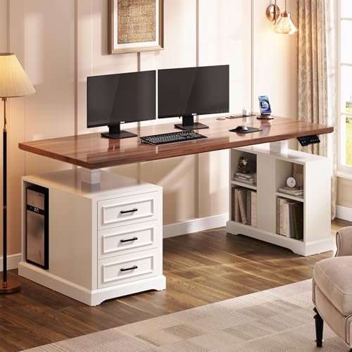 SEDETA Farmhouse Electric Standing Desk, 63" Height Adjustable Computer Desk with 3 Drawers, Storage Shelves, Power Outlets, Wood Home Office Stand up Desk for Work, Study, Writing, White SEDETA