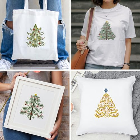 BEUNITONE 4PCS Christmas Tree Embroidery Kit Merry Christmas Stamped Snowflake Pine Tree Needlepoint Kit DIY Adult Beginner Stamped Cross Stitch Kit with Patterns and Instructions BEUNITONE