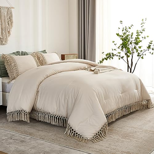 Andency Comforter Queen Size Set Beige, 3 Pieces Tassel Boho Lightweight Winter Bedding Comforters & Sets, All Season Bed Set (90x90In Comforter & 2 Pillowcases) Andency