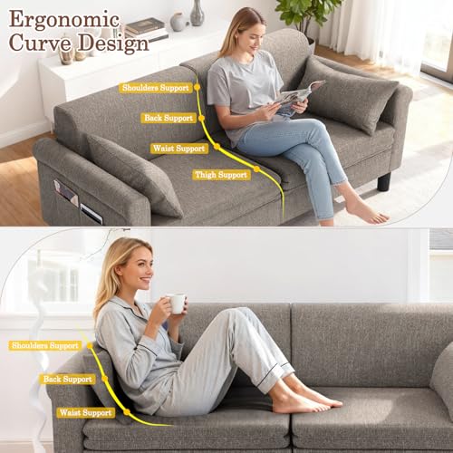 SEJOV 74" Convertible Sofa Bed, 5-in-1 Loveseat Sleeper Sofas with Pull Out Couch Bed, Storage Pockets & 2 Pillows, Modern Folding Linen Futon Couch for Living Room, Bedroom, Small Space, Brown SEJOV