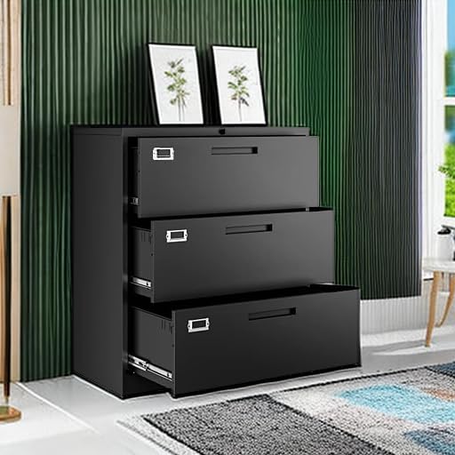 Letaya Lateral 3 Drawer File Cabinets with Lock, Metal Filing Storage Vertical Cabinets,Home Office Furniture for Organization Hanging Letter/Legal/F4/A4(Black) Letaya