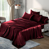 P Pothuiny 6 Pieces King Satin Sheets Luxury Silky Burgundy Satin Bedding Sheet Set, 1 Deep Pocket Fitted Sheet + 1 Flat Sheet + 4 Pillow Cases P Pothuiny