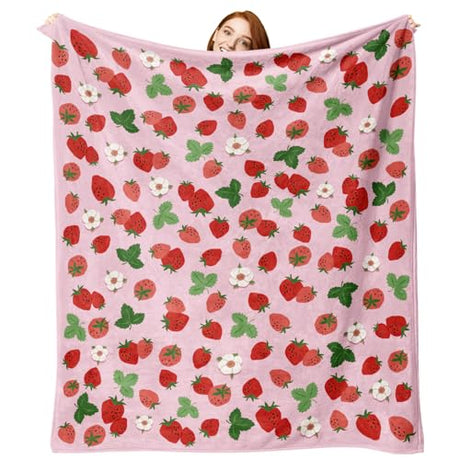 Zzkol Pink Strawberry Flannel Throw Blanket, Red Pink Fruit Floral Birthday Gifts for Kids Girls Women Adults Teen, Spring Summer Flowers Soft Blankets for Bedding Sofa 50" x 60" Zzkol