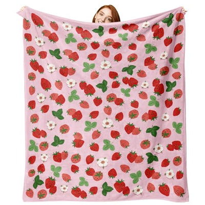 Zzkol Pink Strawberry Flannel Throw Blanket, Red Pink Fruit Floral Birthday Gifts for Kids Girls Women Adults Teen, Spring Summer Flowers Soft Blankets for Bedding Sofa 50" x 60"
