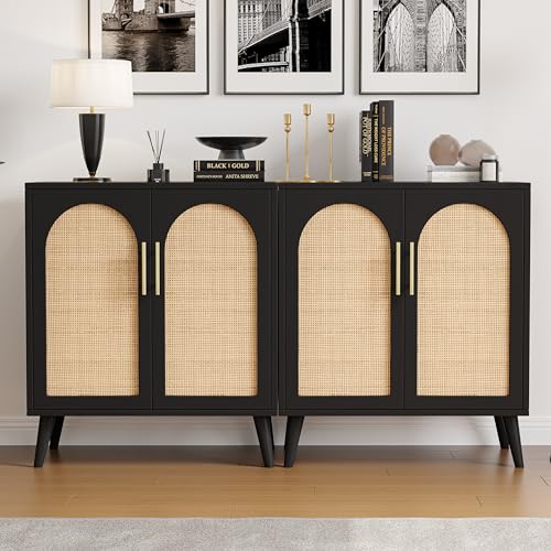 Rovaurx Set of 2 Rattan Storage Cabinet with Doors, Accent Bathroom Floor Cabinet, Modern Sideboard Buffet Cabinet for Living Room, Entryway, Dining Room and Kitchen, Black and Natural BMGZ108BM02 Rovaurx
