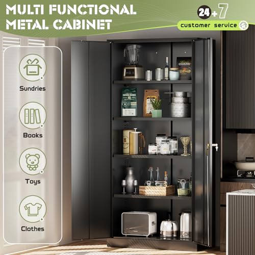 SUNCROWN 72" Metal Storage Cabinet - Heavy-Duty Metal Garage Cabinet with 4 Adjustable Shelves & 2 Doors for Tools, Office, Home, Workshop,Black SUNCROWN