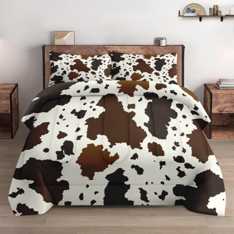 WeCozy Full Size Comforter Set with 2 Pillowcases, Vintage Cow Brown Cowhide Animal Soft 3 Pcs Bedding for Kids and Adults Bedroom Bed Decor WeCozy