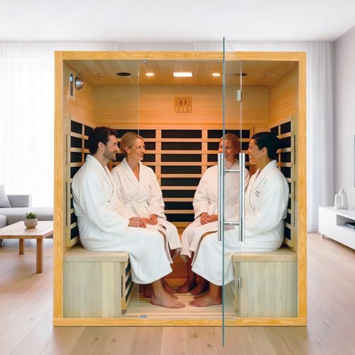 Homsido 3-4 Person Sauna, Hemlock Wooden Indoor Far Infrared Home Sauna Room 11 Low EMF Infrared Carbon Panels with Tempered Glass Door,Bluetooth Speakers 7 Chromotherapy Lights（220V, 2880W） Homsido