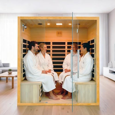 Homsido 3-4 Person Sauna, Hemlock Wooden Indoor Far Infrared Home Sauna Room 11 Low EMF Infrared Carbon Panels with Tempered Glass Door,Bluetooth Speakers 7 Chromotherapy Lights（220V, 2880W）