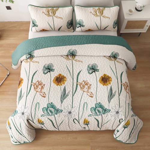 WONGS BEDDING Floral Quilt Set Queen,Green Yellow Floral Botanical Bedspread Bedding Set with 2 Pillowcase,Lightweight Summer Farmhouse Coverlet Set for All Season (96"x90") WONGS BEDDING