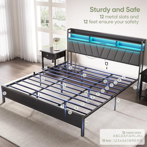 Welzona King Size Bed Frame with Headboard, Metal Platform Bed with LED Lights & Charging Station, 2-Tier Storage, Sturdy and Easy Assembly, Under Bed Storage, No Box Spring Needed, Noise Free, Black Welzona