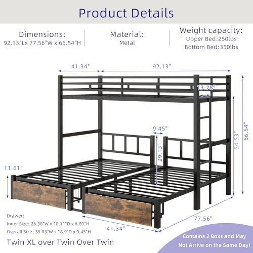 kuurfuurdo Metal Triple Bunk Bed for Kids, Detachable TwinXL Over Twin Over Twin Triple Bunk Bed with Guardrails, Ladder & Storage Drawer, Converts to 3 Separate Beds (3 Bunk Beds for Kids) kuurfuurdo