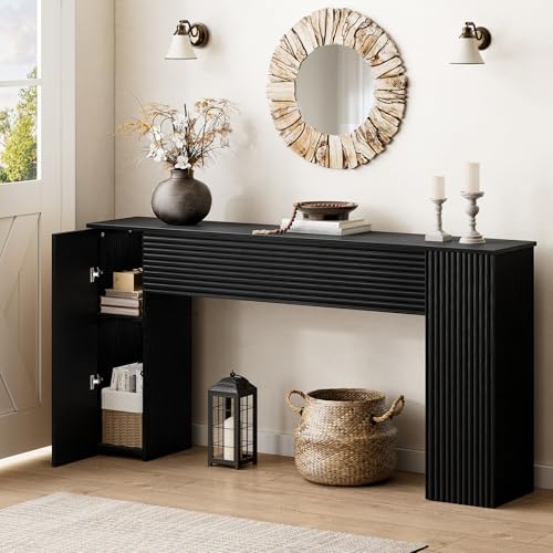 FABATO 61'' Fluted Long Console Table, Wooden Rectangular Sofa Table Behind The Couch, Narrow Entryway Table with 2 Hidden Storage Cabinets for Entrance, Hallway, Living Room, Foyer, Black FABATO