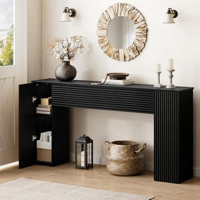 FABATO 61'' Fluted Long Console Table, Wooden Rectangular Sofa Table Behind The Couch, Narrow Entryway Table with 2 Hidden Storage Cabinets for Entrance, Hallway, Living Room, Foyer, Black
