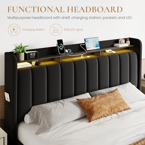 SHA CERLIN Velvet King Size Bed Frame with Vertical Channel Tufted Wingback Headboard & 2 Storage Drawers/2-Tier Shelves with LED Lights & Charging Station/Noise-Free/No Box Spring Needed/Black SHA CERLIN