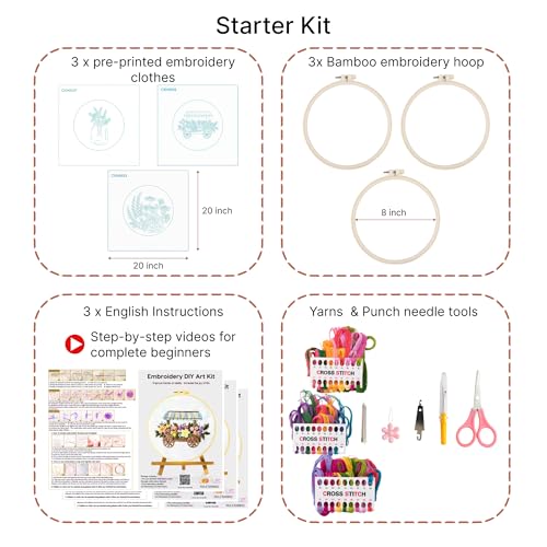 Looples Embroidery Kit for Beginners and Adults with Video Tutorials – DIY Starter Kit with 3 Stamped Floral Patterns, Hoops, Threads, Needles, and Instructions - Cart, Glass Jar, and Flowers