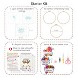Looples Embroidery Kit for Beginners and Adults with Video Tutorials – DIY Starter Kit with 3 Stamped Floral Patterns, Hoops, Threads, Needles, and Instructions - Cart, Glass Jar, and Flowers