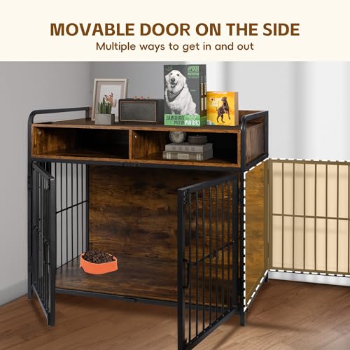 Sulives 41 inch Dog Crate Furniture for Large Dogs,Wooden Dog Crate with Divider,Double Door Dog Kennel with Two Drawers Storages,Reinforced Horizontal Bars,Indoor Dog Crate - WoodArtSupply