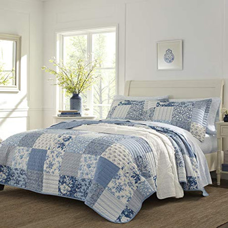 Laura Ashley - Twin Quilt Set, Reversible Cotton Bedding with Matching Sham, Medium-Weight for Year Round Use, Dorm Essentials (Paisley Printed Patchwork Blue) Laura Ashley