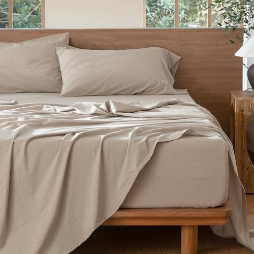 MooMee Bedding Sheet Set 100% Washed Cotton Linen Like Textured Breathable Durable Soft Comfy (Heathered Tannish Linen Grey, Twin) MooMee