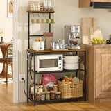 3IngSeagulls 4-Tier Bakers Rack with Power Outlet, 33 Inch Kitchen Microwave Stand with 6 S-Shaped Hooks, Coffee Bar Station with Adjustable Shelf, Rustic Brown
