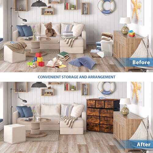 SUPER DEAL Dresser for Bedroom Fabric Dresser Storage Tower Tall Chest Organizer Unit with 9 Drawers for Living Room Nursery Entryway Closets, Steel Frame, Wood Top Rustic Brown SUPER DEAL