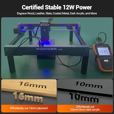 WIZMAKER Wand 12W Laser Engraver, 300×300mm High-Power Diode Laser Cutter for Wood, Leather, Paper, MDF, Felt, Coated Metals, Dark Acrylic, DIY, Small Business Projects WIZMAKER