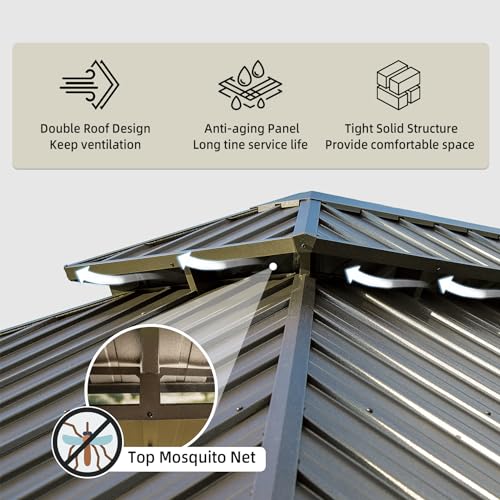 Domi Hardtop Gazebo 12x18FT, Outdoor Gazebo with Galvanized Steel Double Roof, Aluminum Frame, Built-in Gutter System, Curtain and Netting, Metal Gazebo Pavilion for Patio Deck Garden, Brown domi outdoor living