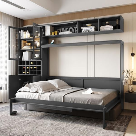 Polibi Full Size Murphy Bed with Sofa Function - Space-Saving Wall Bed, Shelves USB and Light, for Small Apartments/Studios, Gray Polibi