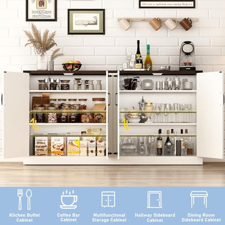Sideboard Buffet Cabinet with Storage - 65 Inch Farmhouse Kitchen Sideboard Cabinets with Adjustable Shelves, Wooden Coffee Bar Storage Cabinet Buffet Table for Kitchen, Dining Room, White chartustriable