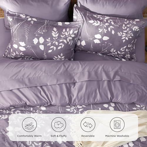 Bedsure Grayish Purple Twin Comforter Set - 5 Pieces Floral Bedding Sets Twin Bed in a Bag with Reversible Botanical Flowers Comforter, Sheets, Pillowcase & Sham Bedsure