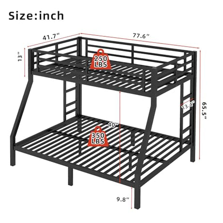 HKOLIE Twin Over Full Bunk Bed, Metal Bunk Bed Frame Heavy Duty Bunk Beds Loft Bed Frame with Ladder and Guardrail Metal Slats No Box Spring Required for Adults Teens, Black HKOLIE