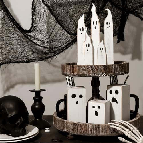 Halloween Table Decorations Indoor: Farmhouse Halloween Cute Ghost Decorations, Slender White Ghosts Wood Plank Signs Set, Rustic Tiered Tray Decor Wooden Ghost Desk Office Decor for Home Kids Treory
