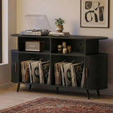 55” Mid Century Record Player Stand, Round Record Storage Cabinet with Charging Station, Turntable Stand Holds up to 300+ Albums, Large Vinyl Record Player Shelf for Media Stereo Audio, Black Quelthar