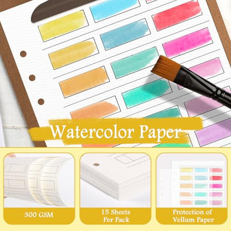 2 Pack Watercolor Swatch Book for Artists 140Lb 100% Cotton 30 Sheets Acid-Free Travel Size Painters Color Diary Spiral-Bound A5 Watercolor Journal Paper for Oil Pastels with Glassine PVC Cover (2) SKLENICE