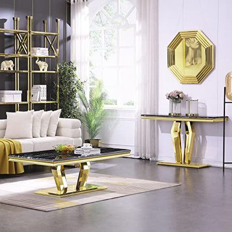ACEDCOR Modern Console Table, Rectangular Living Room Entryway Table with Mirrored Geometric Base, Black Gold ACEDÉCOR