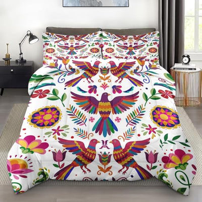 Pamnest Comforter Set Queen Size, Mexican Birds Flower Soft 3 Pcs Bedding for Kids and Adults, Mexico Nature Boho Comforter Set with 2 Pillowcases for Bedroom Bed Decor