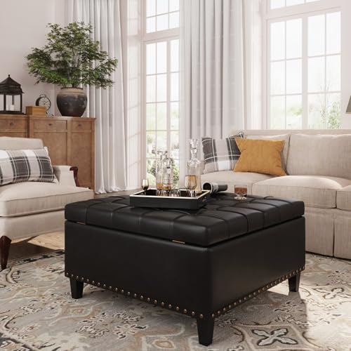 FiveWillowise Square Leather Ottoman with Storage, Faux Leather Coffee Table Ottoman with Lift Top, Large Upholstered Footrest Stool Toy Box Storage for Bedroom Living Room, Black