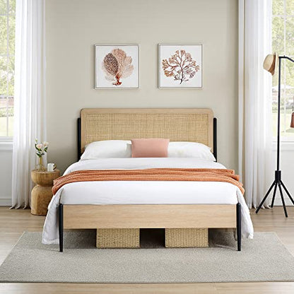 Amyove Queen Size Platform Bed Frame with Rattan Headboard and Rounded Corners - WoodArtSupply