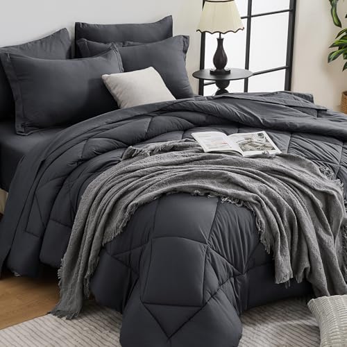 HEVUMYI 7 Pieces Queen Comforter Set, All Season Reversible Bed in a Bag, Ultra Soft Queen Bedding Set with Grey Comforter, Flat Sheet, Fitted Sheet, Pillowcases, Pillow Shams, Dark Grey HEVUMYI