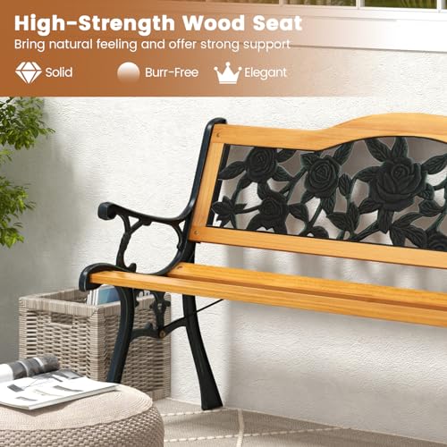 Tangkula Cast Iron & Hardwood Outdoor Garden Bench - Sturdy Weatherproof Loveseat for Patio, Deck, and Lawn - WoodArtSupply