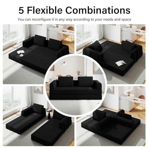 Nivayor 78'' Sleeper Couch Bed for Living Room, Convertible Modular Sofa with Fixed Frame and Side Pocket, Corduroy Futon Boneless Couches in a Box, No Assembly, Black Nivayor