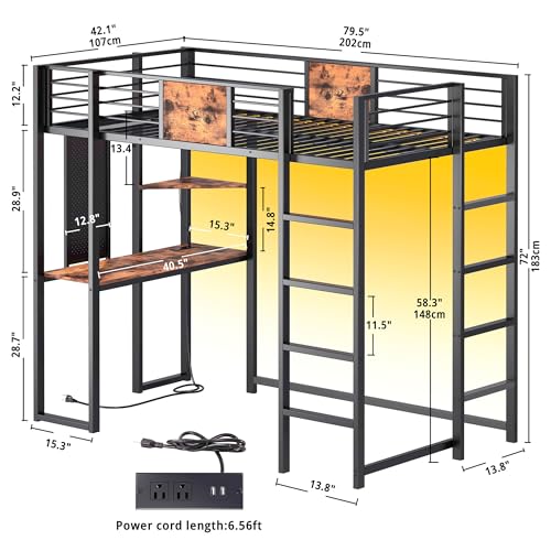 LIKIMIO Black Twin Metal Loft Bed with Integrated Desk, Shelves, and LED Lights for Teens and Adults LIKIMIO