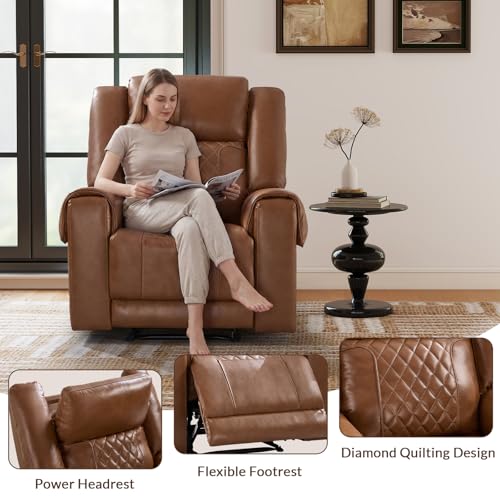 ANJ Premium Genuine Leather Power Recliners for Adults, Dual Motor Electric Recliner Chairs with Power Headrest & Dual Cup Holders, Overstuffed Heavy Duty Reclining Sofa for Living Room Bedroom, Brown