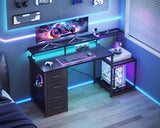 ODK 55 Inch Computer Gaming Desk with Power Outlets & 4 Drawers, Home Office Desk with Monitor Stand & Printer Shelves, Black ODK