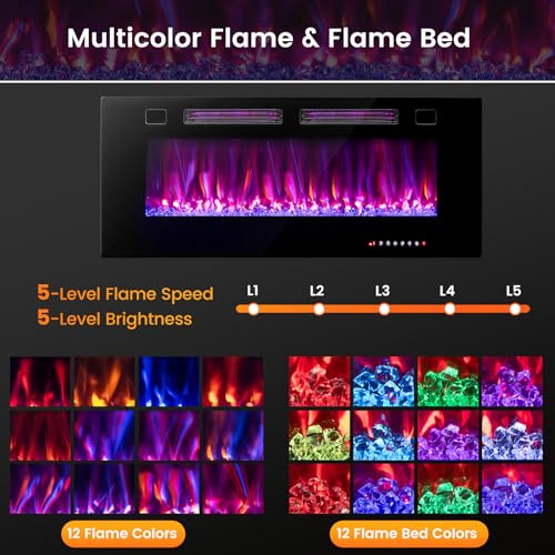 COSTWAY Ultra-Thin Smart WiFi Electric Fireplace 42-inch Wide, Compatible with Alexa & Google Assistant, 750W/1500W Fireplace Heater with 12 Flame and Flame Bed Colors, Remote/APP Control, Black COSTWAY