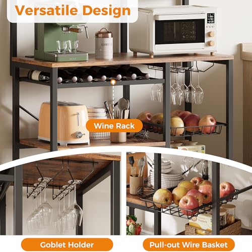 IRONCK Bakers Rack with Power Outlet, 7-Tier Coffee Bar Microwave Stand, Solve Kitchen Clutter with Wine Rack, Wire Basket and Hooks, Rustic Brown
